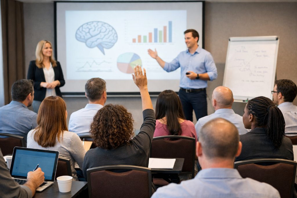 Palestra de neurociência aplicada em auditório com plateia interativa